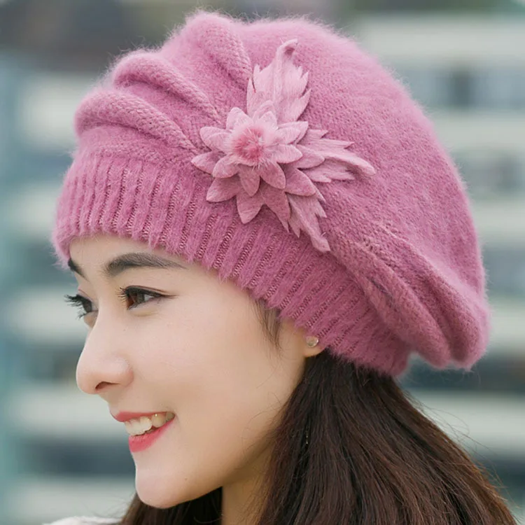 Милые зимние вязаные крючком шапки для женщин женские с цветами шапки-бини Chapeu
