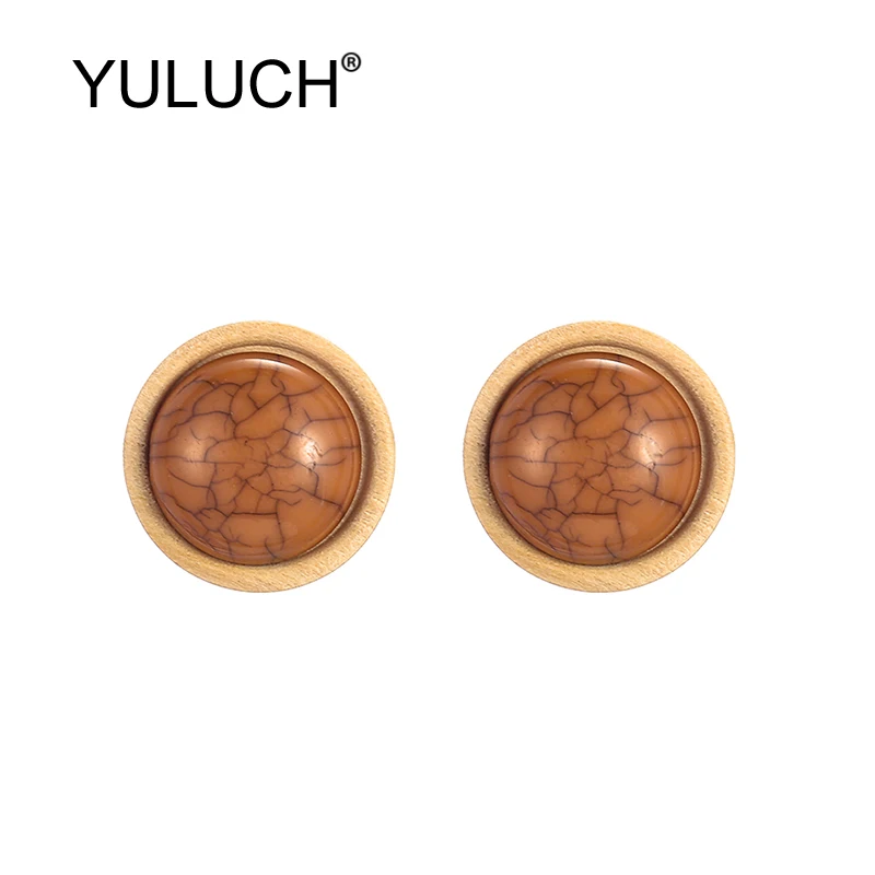 Серьги-гвоздики женские YULUCH Круглые бежевые деревянные 11 цветов с камнем 2019