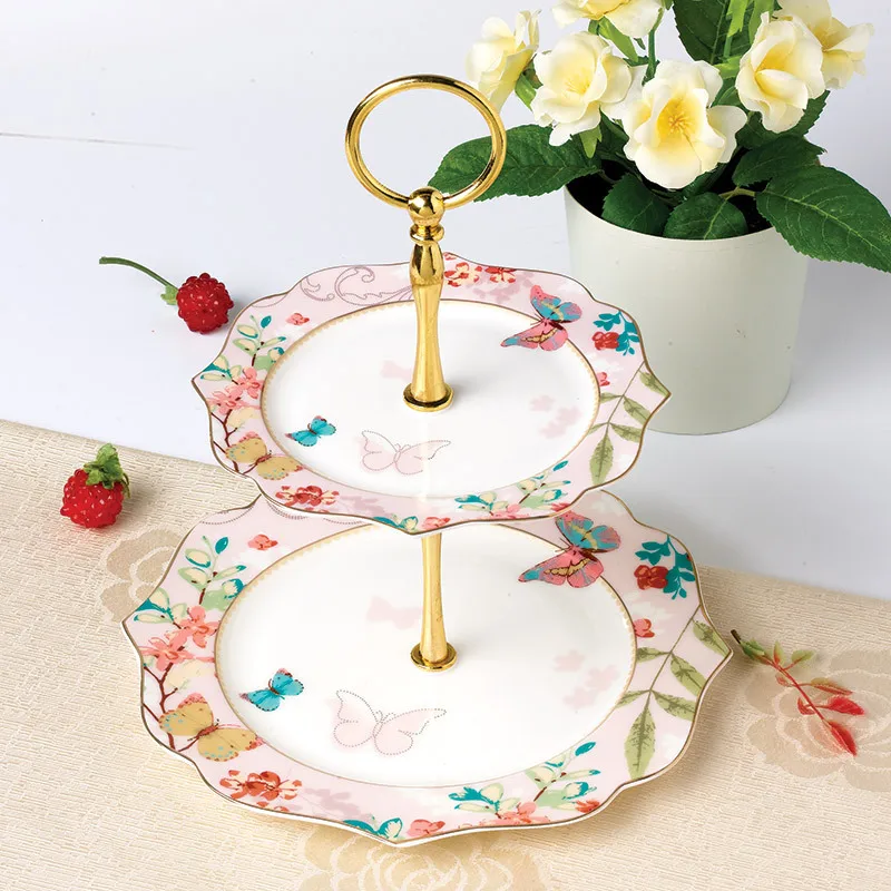 

1pcs Double-Layer Dishes And Plates Set Snack Stand Holder Luxury Porcelain Cake Pastry Fruit Dish Ceramic Tray