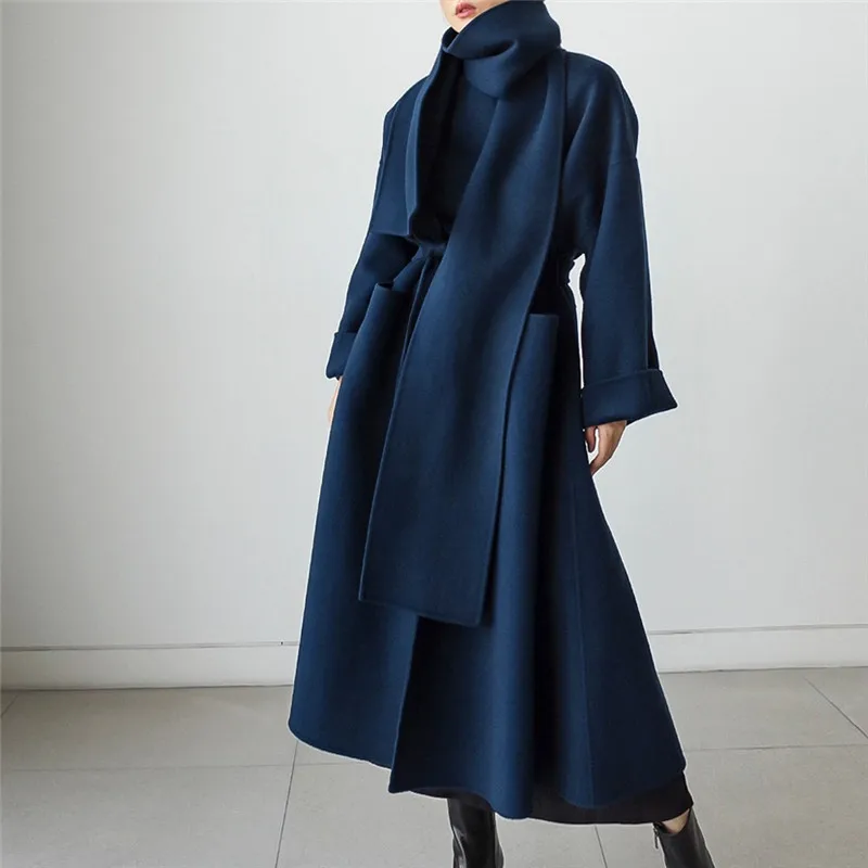 

SuperAen Autumn and Winter Solid Loose Plus Size X-Long Belt Woolen Coat Women Fashion