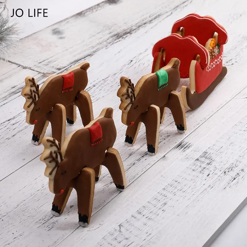 

JO LIFE 4pcs/Set DIY Baking Christmas Cookie Mold Fondant Cake Mold Reindeer Santa Sled 3D Biscuit Mold