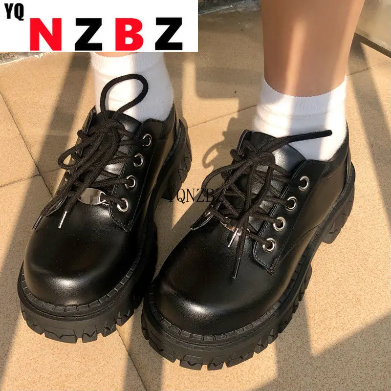 

Women Oxfords 2022 Spring Autumn Casual Platform Shoes Black Lace Up Leather Shoe Sewing Fashion Round Toe Chunky Sole Flats