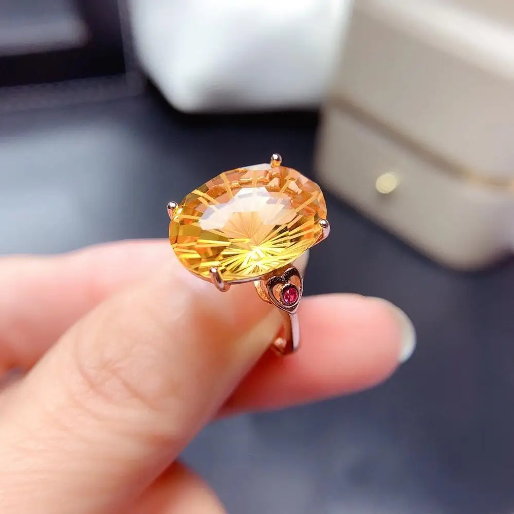 Женское кольцо в форме сердца большого размера из натурального желтого цитрина