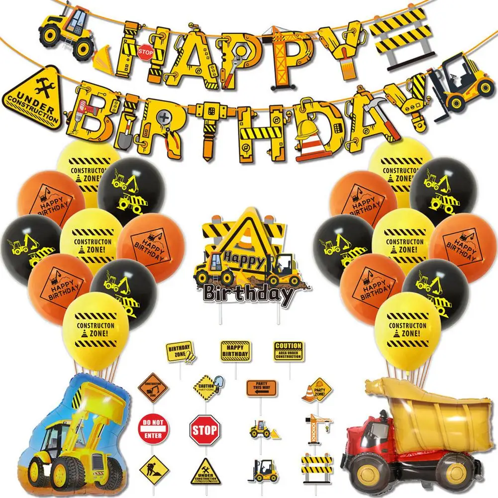 1set tema di costruzione palloncini riscaldabili trattore camion veicolo decorazioni per feste Kit Banner bambini ragazzi forniture per feste di compleanno