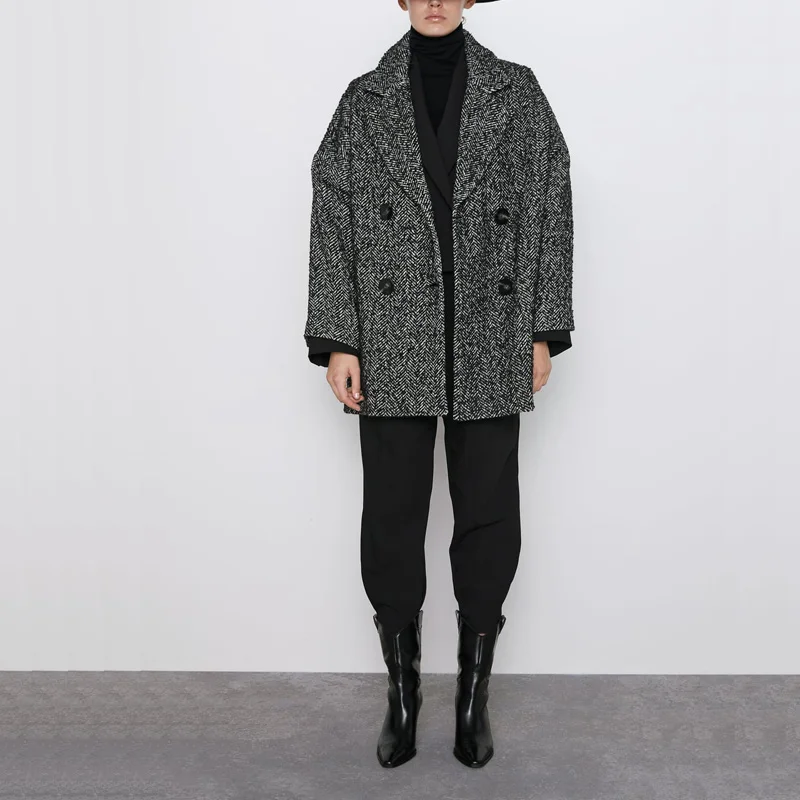 Осенне зимнее женское пальто повседневное двубортное в полоску|Женские пальто| |