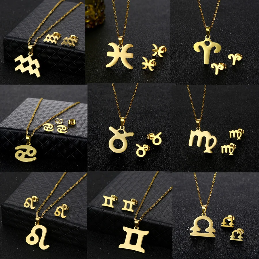 

Rinhoo12 Horoscope Zodiac Sign Pendant Stainless Steel Necklace Earring Capricorn 12 Constellations Jewelry Set Gift Wholesale