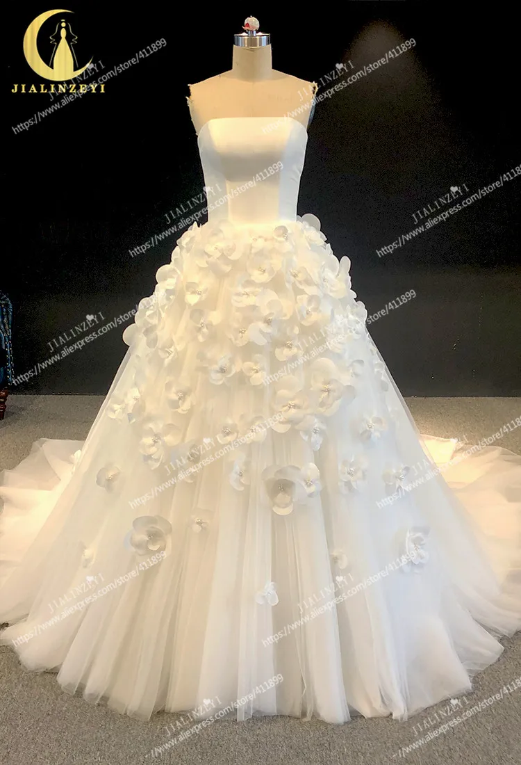 Rhine real Pictures Straples organza flowers with veil платье на выпускной Wedding gown wedding dresses