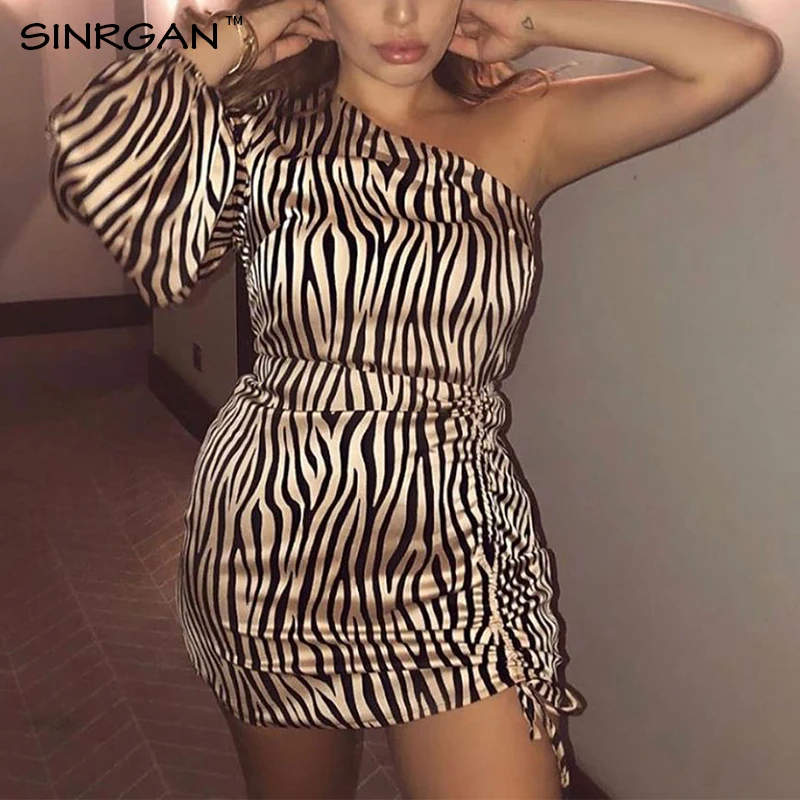 SINRGAN, женское платье с принтом зебры, на одно плечо, сексуальные, вечерние, ночные платья, женские, с длинным рукавом, на завязках, облегающее платье