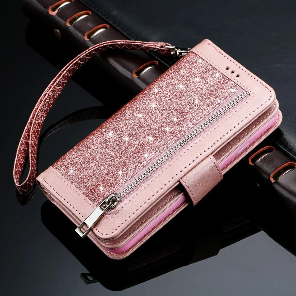 Rose gold LCHULLE Роскошные блестящие чехлы-бумажники из искусственной кожи на молнии для IPhone XR 11 Pro XS MAX X 6 6S 7 8 Plus с карманами для карт откидная крышка оболочка - Цвет: Rose gold
