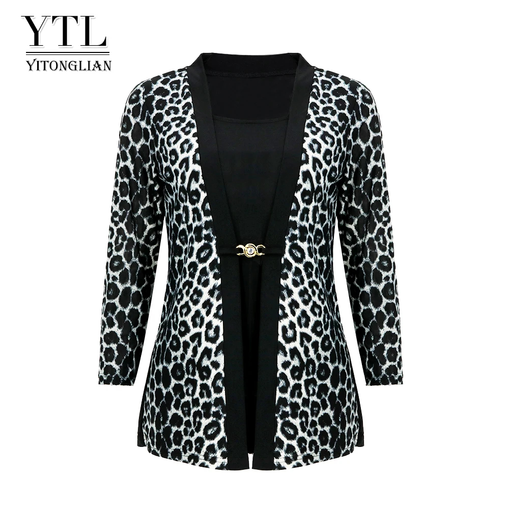 

YTL Women Chic Leopard Blouse for Work Plus Size Fashion Patchwork Slim Shirt Long Sleeve Autumn Spring Tunic Tops Blusas H414