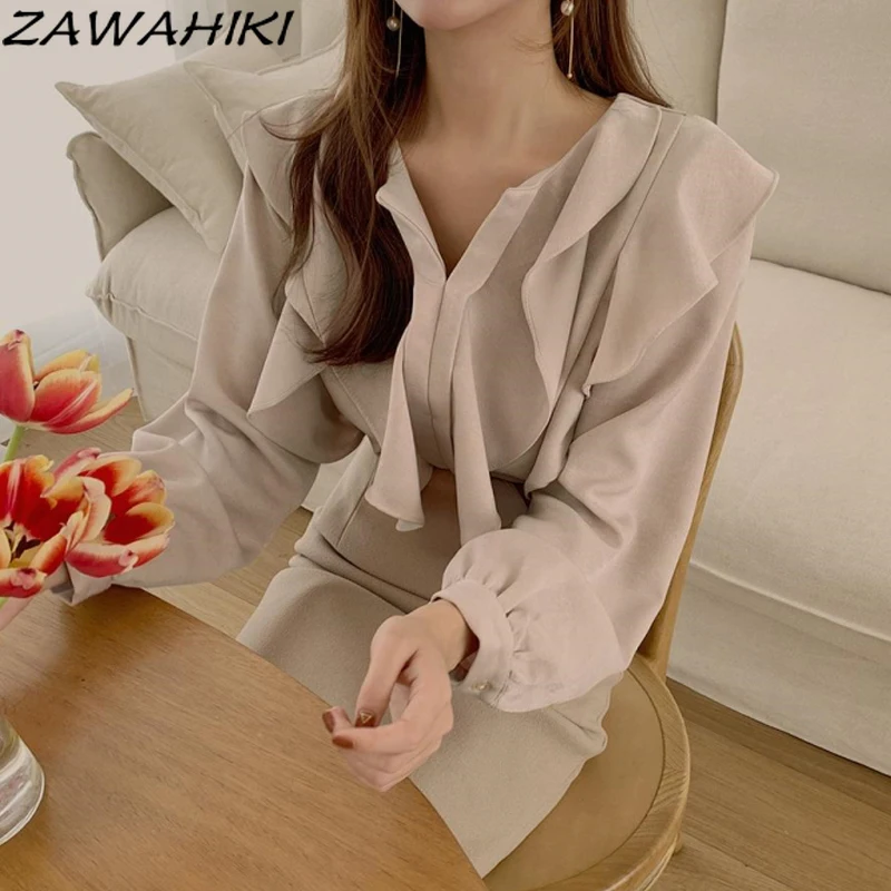

ZAWAHIKI V-neck Solid Fashion Korean Ruffles Women's Blouse 2021 Spring Loose Lantern Sleeve Elegant Chiffon Blusas Mujer
