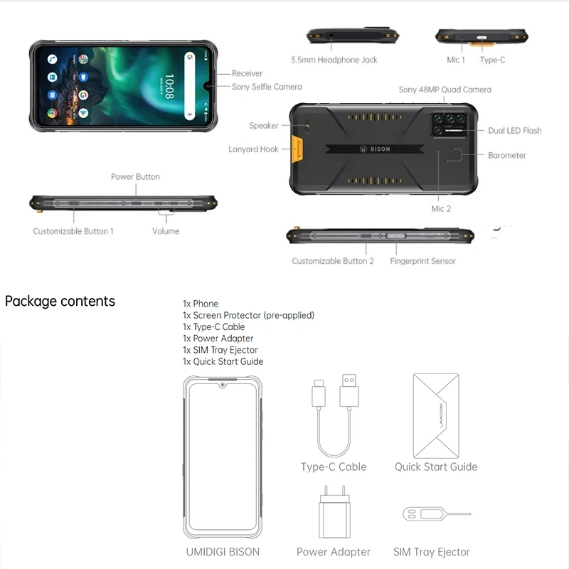 UMIDIGI Зубр смартфон 6/8 ГБ + 128 NFC IP68/IP69K Водонепроницаемый прочный телефон 48MP Quad Camera 6 3