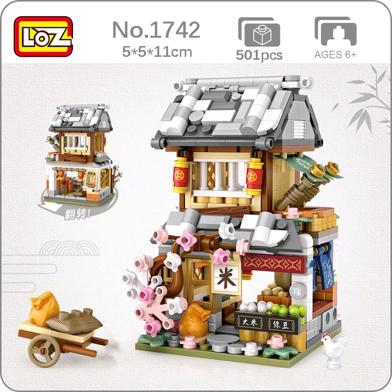 

LOZ 1742 Architecture City Street Chinatown Rice Shop Store 3D Model DIY Mini Blocks Bricks Building Toy for Children no Box