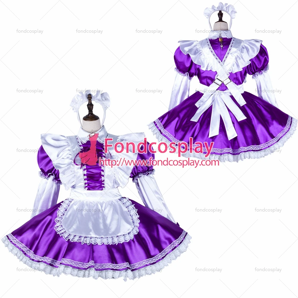

Одежда для взрослых fondcosplay, сексуальная, с крестом, искусственное, Фиолетовое Атласное Платье, Запираемая униформа, белый фартук, костюм, инд...