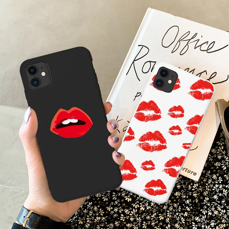 Black Sexy Girl red Lips Kiss TPU Soft Silicone Phone Case Cover for iPhone 8 7 6S Plus SE2020 XR X 12 13 11 pro XS MAX Coque
