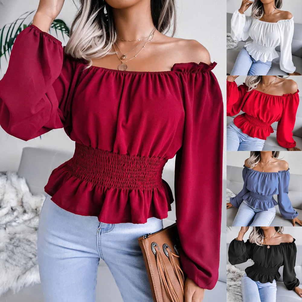 

ZOGAA 2021 Summer New Lantern Sleeve Chiffon Women Blouse and Shirts Solid Slim Sexy Slash Neck Ruffles Lady Shirts Outwear Tops