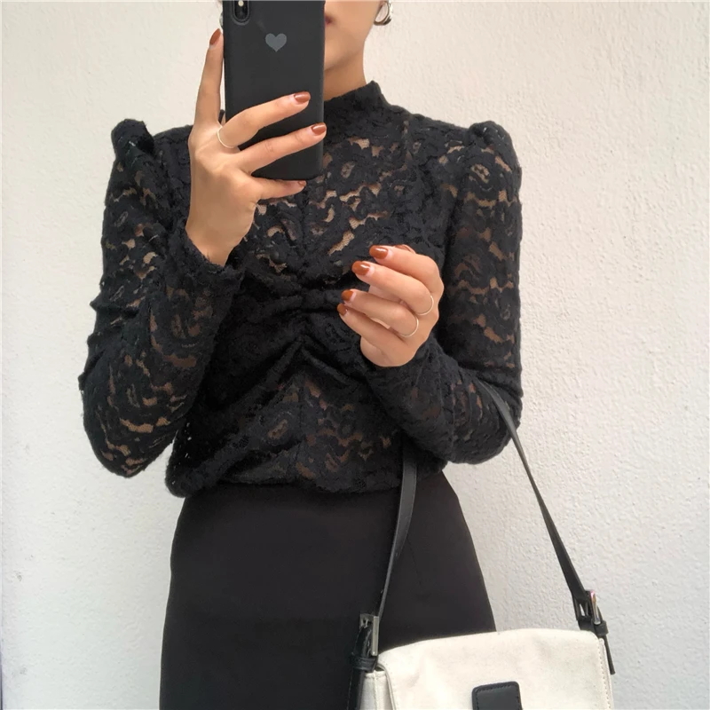 RealShe Женские топы и блузки с круглым вырезом длинным рукавом буфами однотонная