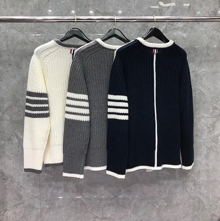

TB 2021 Fashion THOM Brand Sweaters Men Women Loose O-Neck Pullovers Clothing Striped Wool Cotton Thick Winter Casual Coat