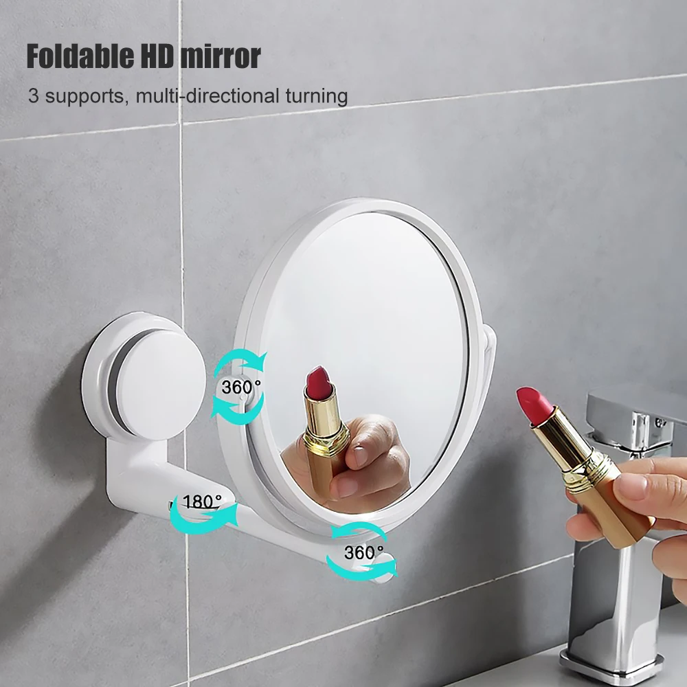 

1pc Modern Drill-Free Bathroom Mirror 2 Side Makeup Vanity Shave Mirrors Wall Suction Folding Arm Extend Round Bath Accessories