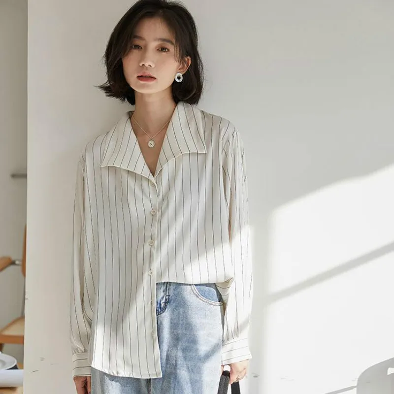 

Autumn New Striped Long Sleeve Shirts Womens Elegant Turn-down Collar Loose Blouse White Female Blusa
