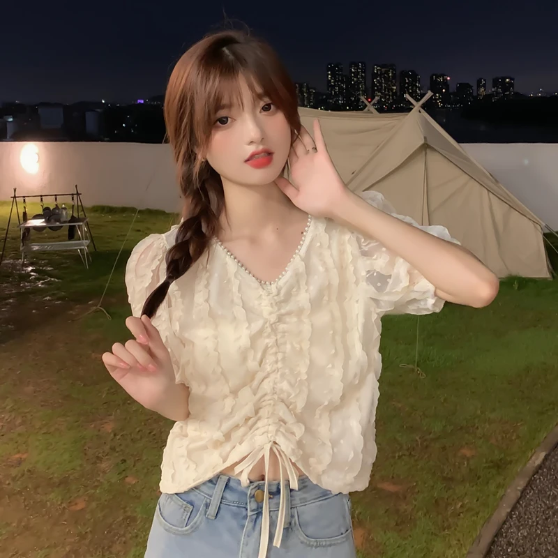 

Blouse V-neck Drawstring White Short-sleeved Top Women Summer New Irregular Korean Loose Slim Top