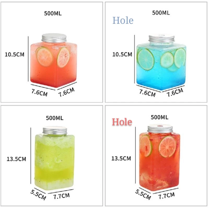 

500ML PET Plastic Cube Bottle Clear Disposable Containers with Caps Lids for Food Drinks Water Orange Apple Lemon Juice