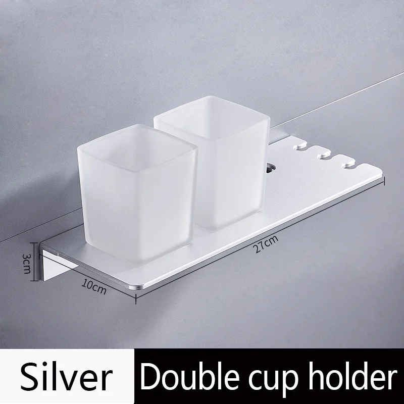 silver double cup Серебряный двойной держатель зубной щетки с каппа алюминиевый черный стакан и держатель чашки настенный продукт для ванной зубная паста стойка - Цвет: silver double cup