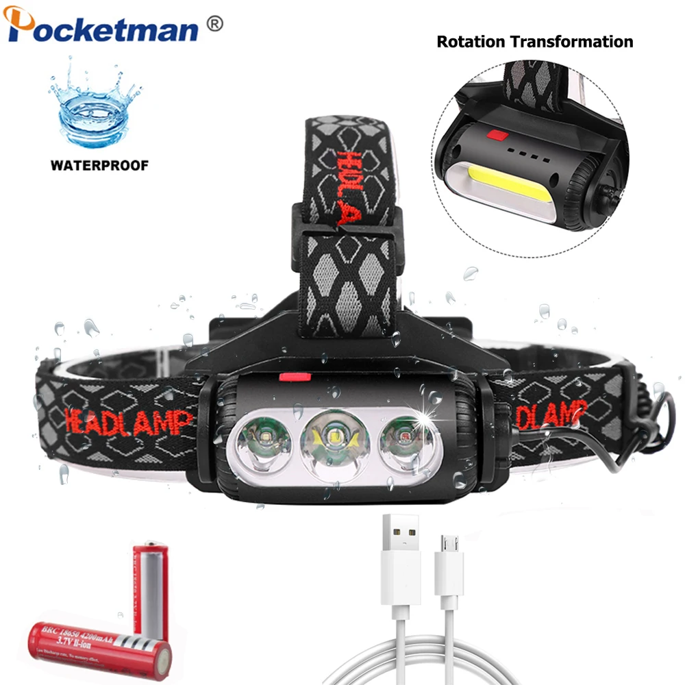 

Waterproof IPX-5 Head Light COB+T6 LED Headlight Powerful Headlamp Rechargeable Head Torch With Rotating Head Lamp
