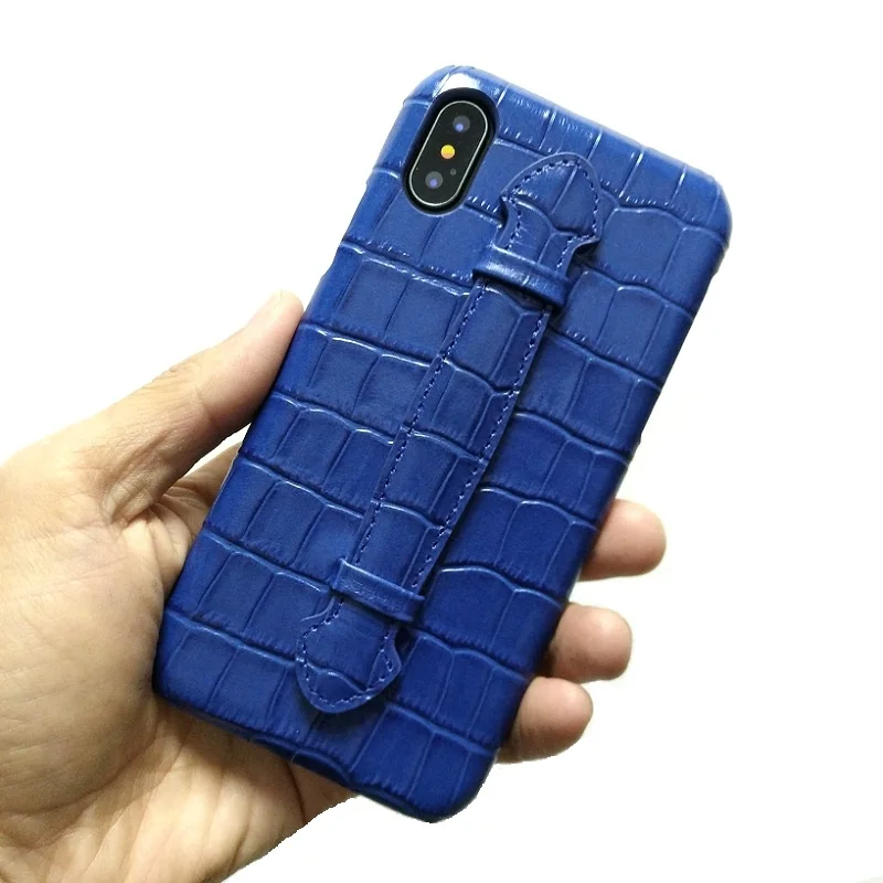 

Genuine Leather Thin Case For iPhone X XS Max XR 7 8 Plus SE2020 Hand Strap Holder Phone Luxury Blue Crocodile Slim Cover Coque