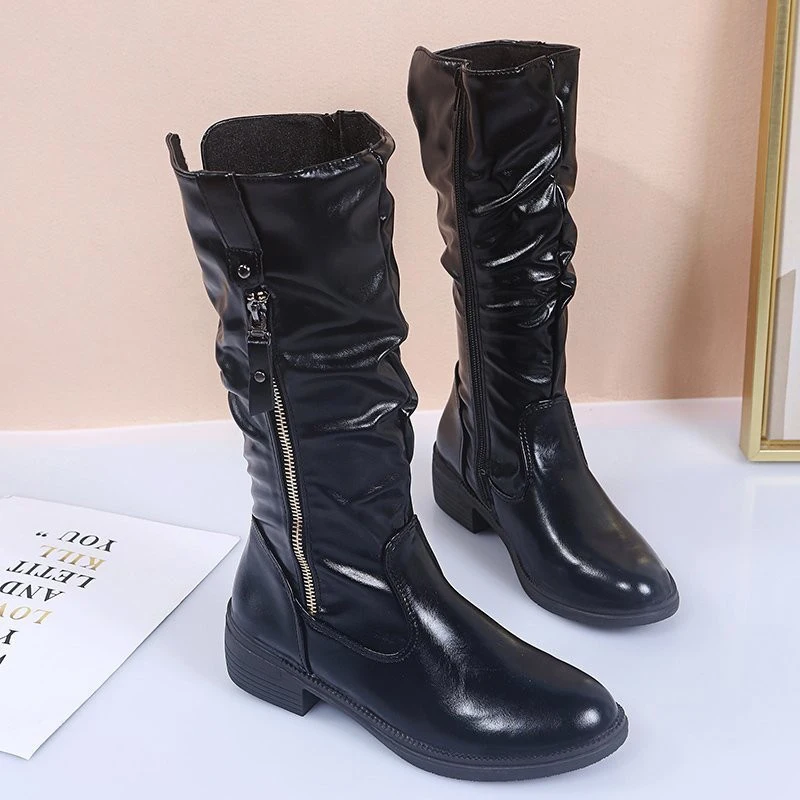 

Ladies Boots Pleated Retro Women Mid-calf Boots Black Boots Fall 2021 New Side Zip Low Heel Casual Boots Fashion Botas De Mujer