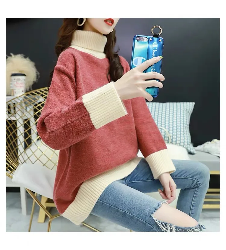 Свитер-водолазка женский с длинным рукавом свободный трикотажный