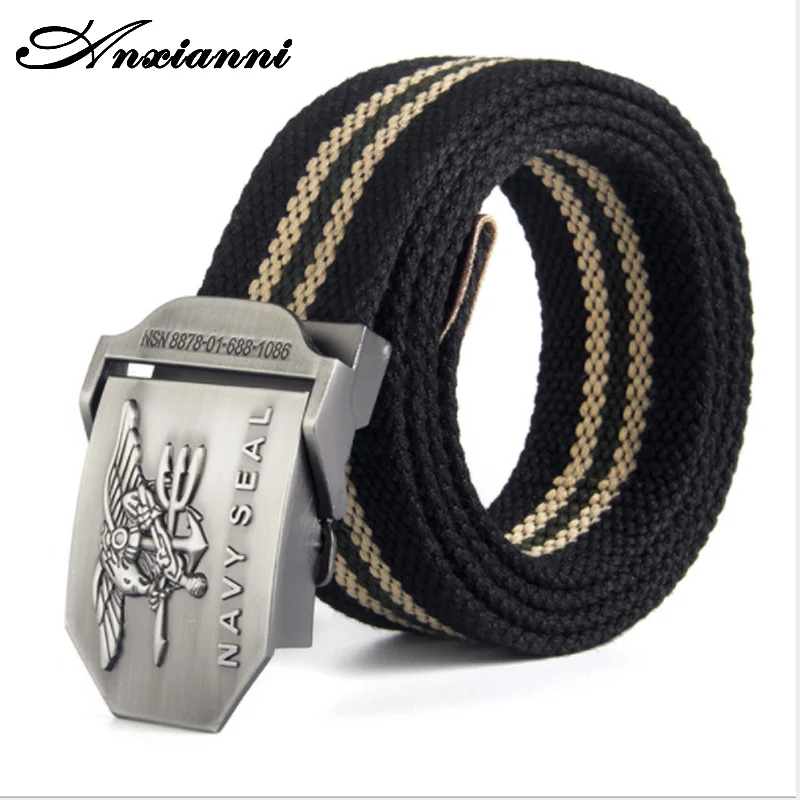 Anxianni Top quality 3.8 cm wide canvas belt luxury Metal buckle jeans belt Army tactical belts for Men waistband strap