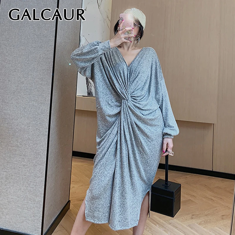 GALCAUR, Ретро стиль, с перекрестными рюшами, вязаное платье для женщин, v-образный вырез, рукав-фонарик, большие размеры, свободные, миди платья для женщин, осень, новинка