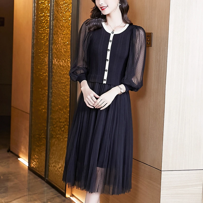 

Chiffon Loose Women Dresses New Fashion Lace Stitching O-neck Long Sleeve Dress Autumn A-LINE Mid-Calf Houthion