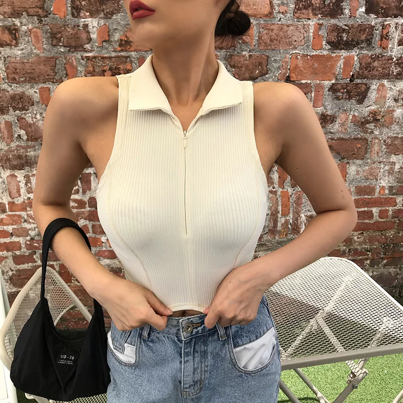 

Women Knitting Turn-down Collar Zipper Sleeveless Tank Tops Lady Summer Casual High Street Camisetas Mujer T-shirts Bodycon