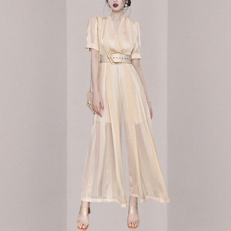 

Korean Style Rompers Womens Jumpsuit Striped Chiffon Jumpsuits Combinaison Femme Luxurious One Piece Pants Salopette