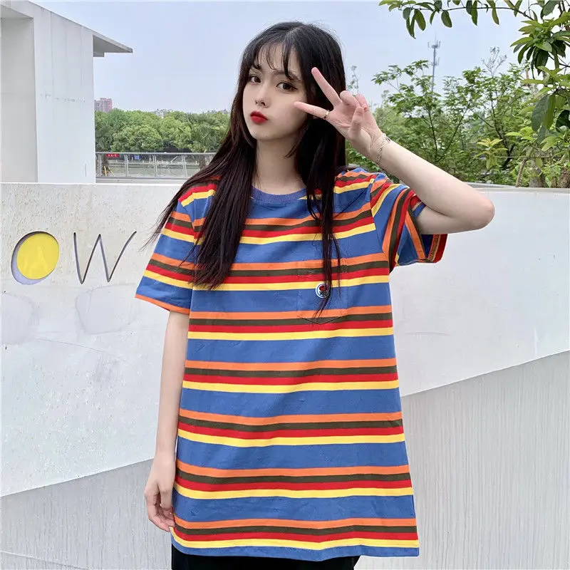g Новинка, женская футболка, радужные полосатые топы, Harajuku, футболка,, летняя, короткий рукав, Корейская, панк, футболка, свободная, camiseta feminina - Цвет: g