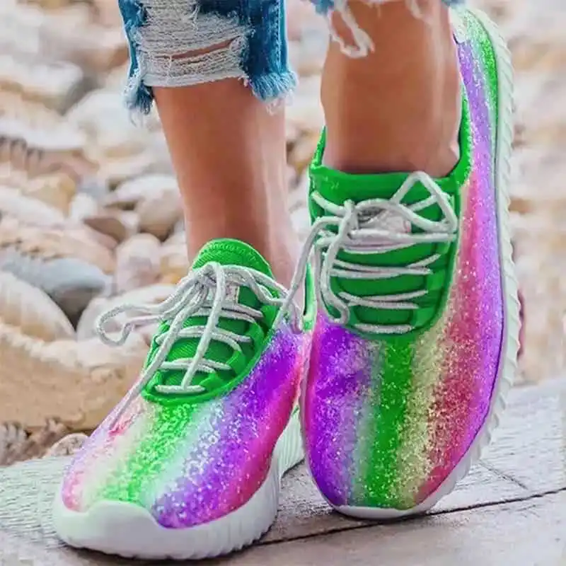 

2021 Autumn New Women Running Shoes Women's Sneakers Female Casual Vulcanized Shoes Women Sequin Rainbow Colors Flat Sport Shoes