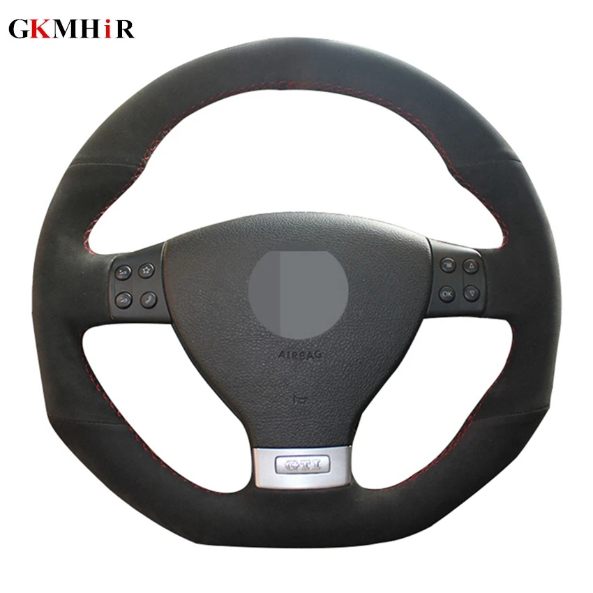 DIY сшитый вручную черный замшевый кожаный чехол рулевого колеса автомобиля для