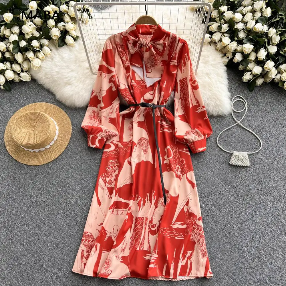 

Женское винтажное платье с длинным рукавом, Длинное Элегантное платье с цветочным принтом и бантом на воротнике, весна-осень