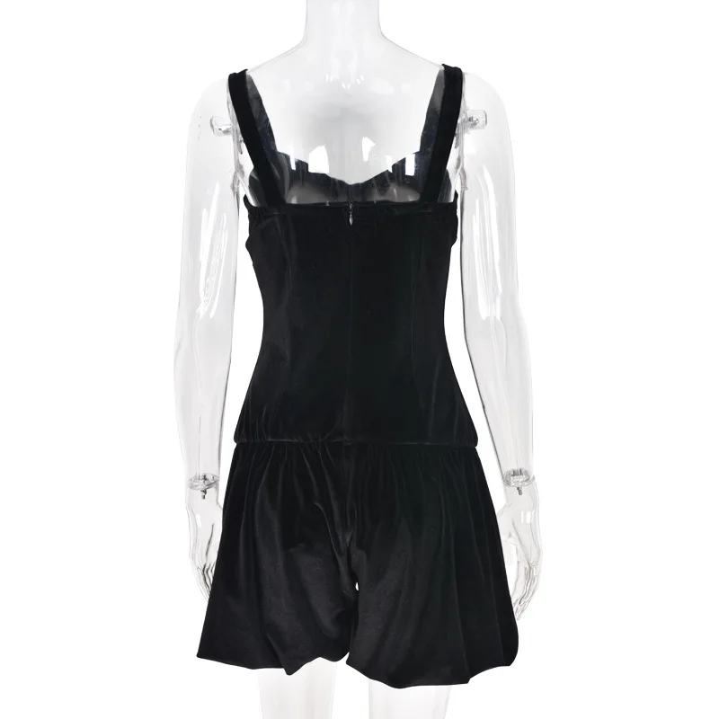 

Women Spaghetti Strap Black Velvet Playsuits 2021 New Jumpsuit Flocking with Buttons Fashion Elegant Rompers Sexy Party Outfits