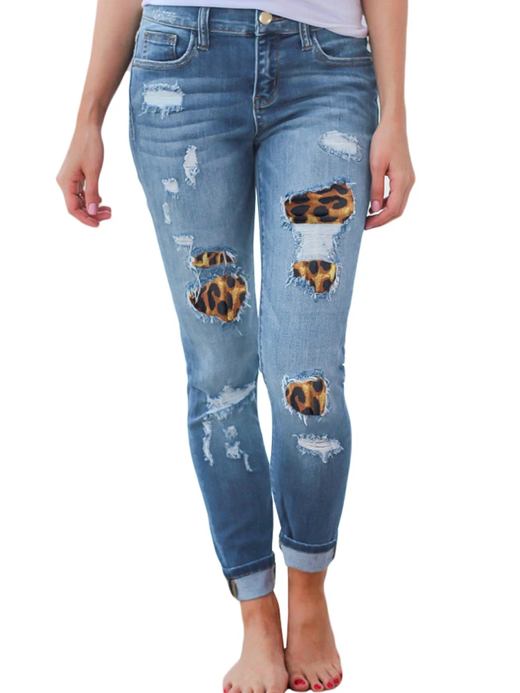 Узкие джинсы женские рваные брюки карандаш с леопардовым принтом в клетку