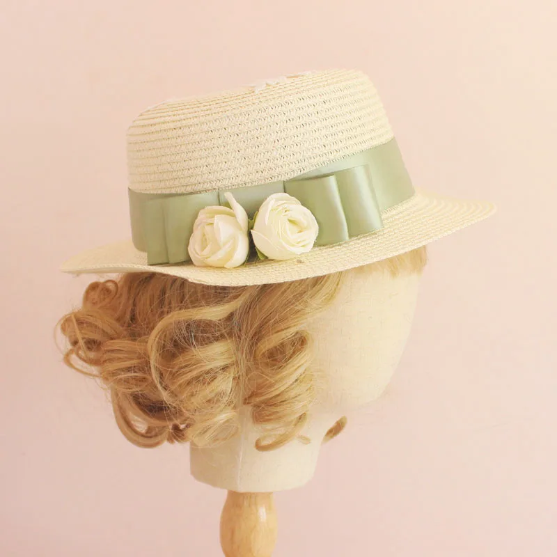 Lolita Flower Elegant Princess Bow Ribbon Summer Straw Hats Women's Beach Sun Hat Japanese Mori Girl Kawaii Hanmade Cap |