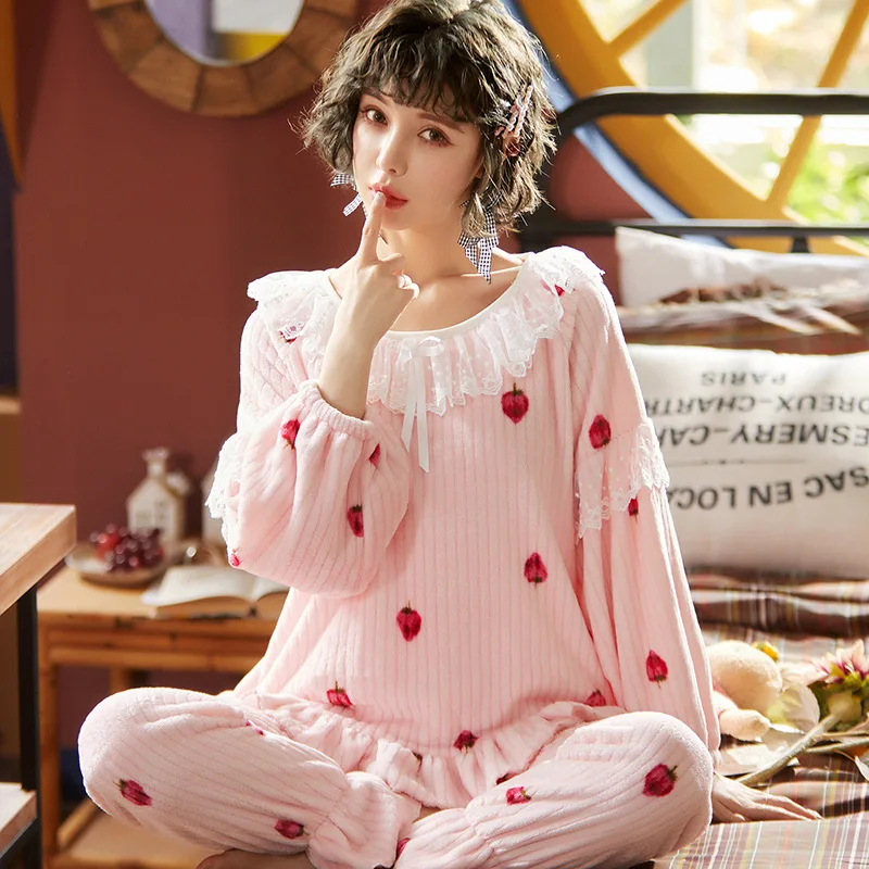 

Lady 2PCS Pajamas Suit Sleepwear Autumn Winter New Nightwear Shirt&Pants Lace Nightgown Lingerie Cute Home Clothes Pyjamas