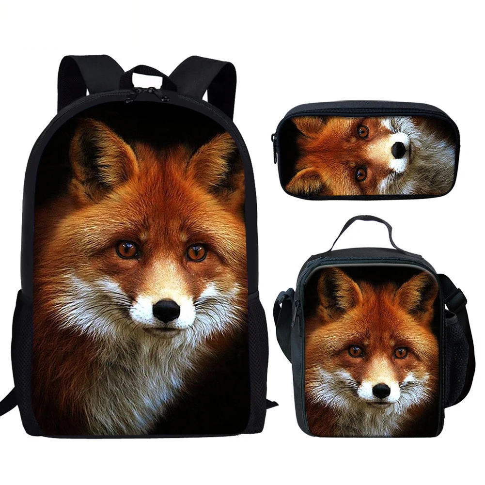 Школьный ранец для девочек 3 шт./комплект, детский рюкзак с принтом лисы, сумки для обедов и книг с животными, студенческий портфель