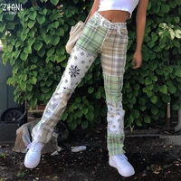 streetwear patchwork jeans womens straight green pants mom jeans baggy graphic checkerboard 90s jean high waist denim trousers