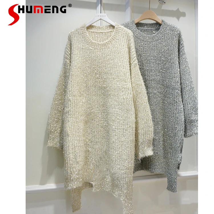 

Autumn Winter New Loose and Lazy Style Thick Thread Mid-Length Sweater Lantern Sleeve Long Sleeve Knitted Pullover for Women