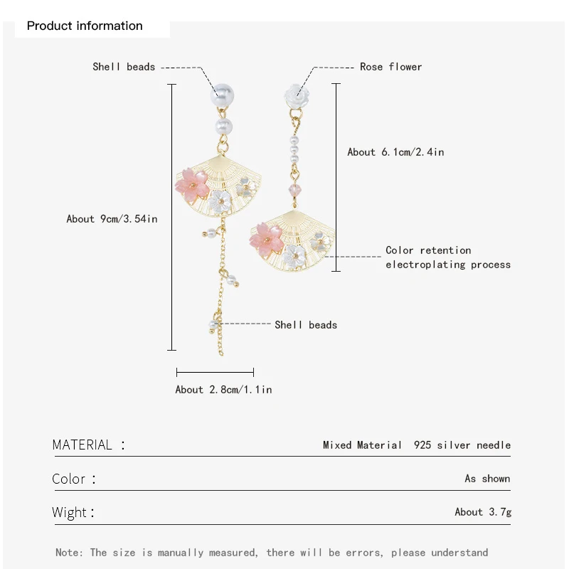 Женские веерообразные асимметричные серьги с подвеской в виде ракушек s925