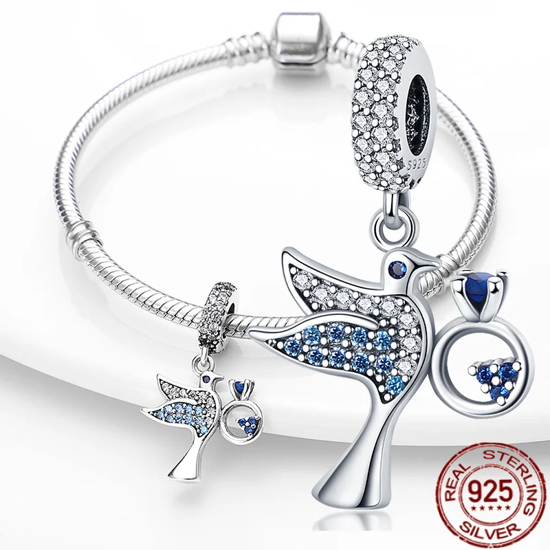 

2021 NEW Luxurious Jewelry 925 Sterling Silver Blue Woodpecker Dangle Charms Pendant Fit Original Pandora Bracelet Making DIY