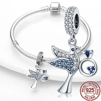 2021 new luxurious jewelry silver color blue woodpecker dangle charms pendant fit original 925 pandora bracelet making diy